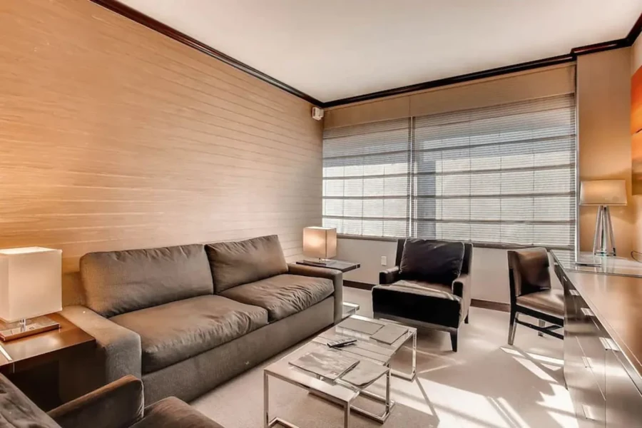 Living room with a sofa, armchair, coffee table and windows